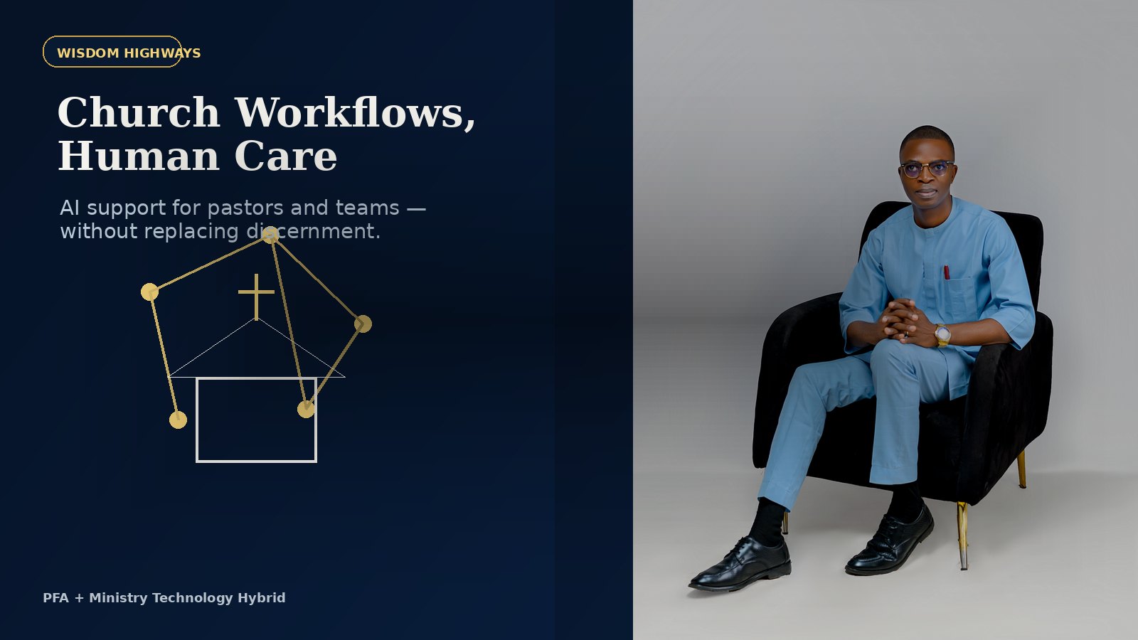 Pastor Folorunso Alesinloye with a church workflow and technology concept graphic for ministry automation