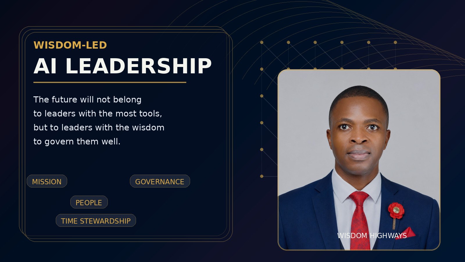 Founder-led Wisdom Highways editorial image about wisdom-led AI leadership, mission, people, governance and time stewardship